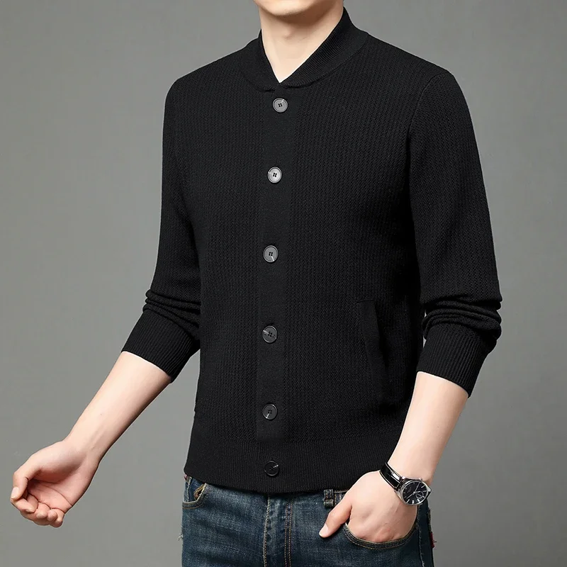 

Мужской вязаный кардиган на весну-осень, однотонный, с воротником-стойкой, модный повседневный свитер-куртка в корейском стиле