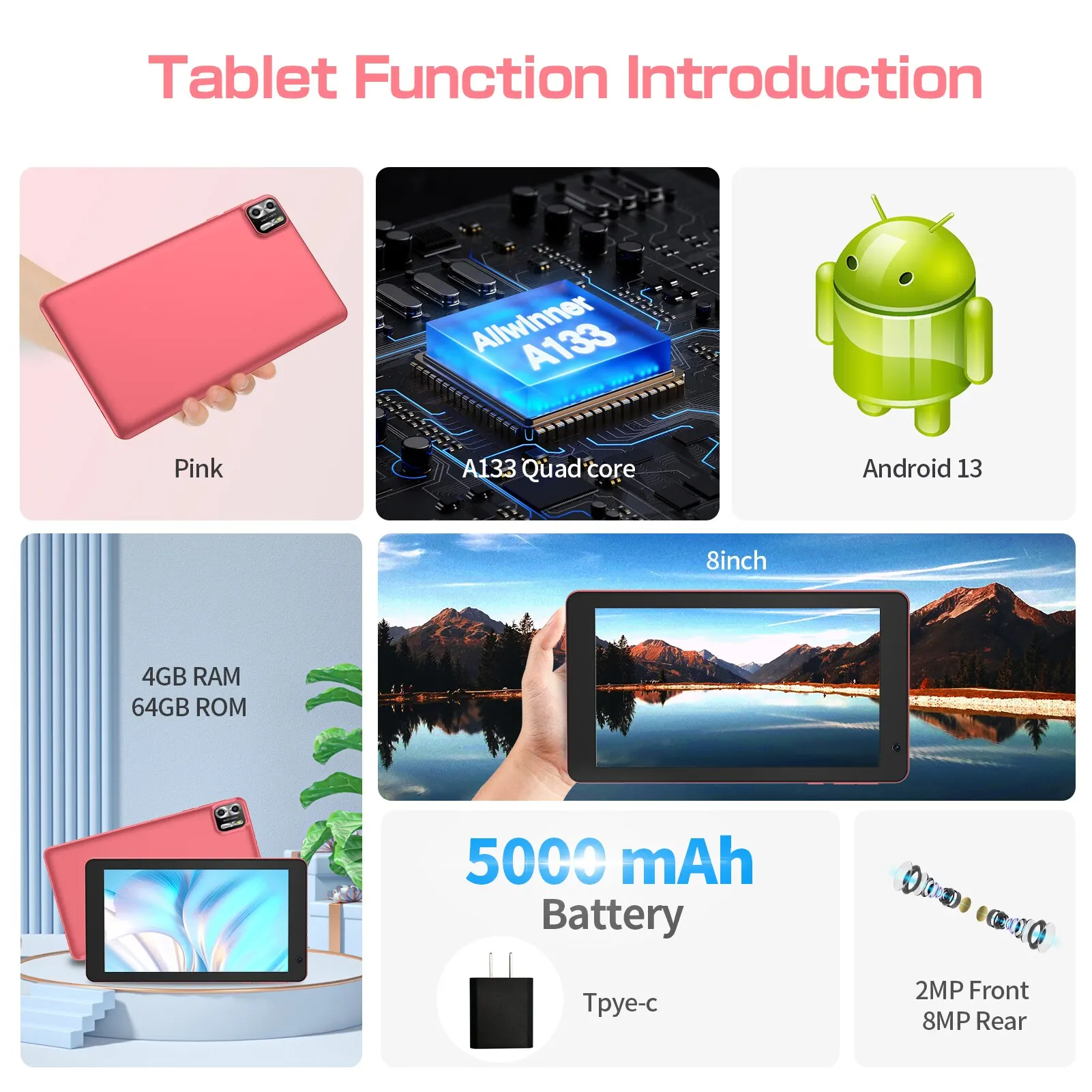 PRITOM 8-calowy tablet z systemem Android 13, 8 GB (4 + 4 rozszerzenie) RAM 64 GB ROM, rozszerzenie 1 TB, ekran IPS 1280x800 Bateria 5000 MAH, kamera, WiFi