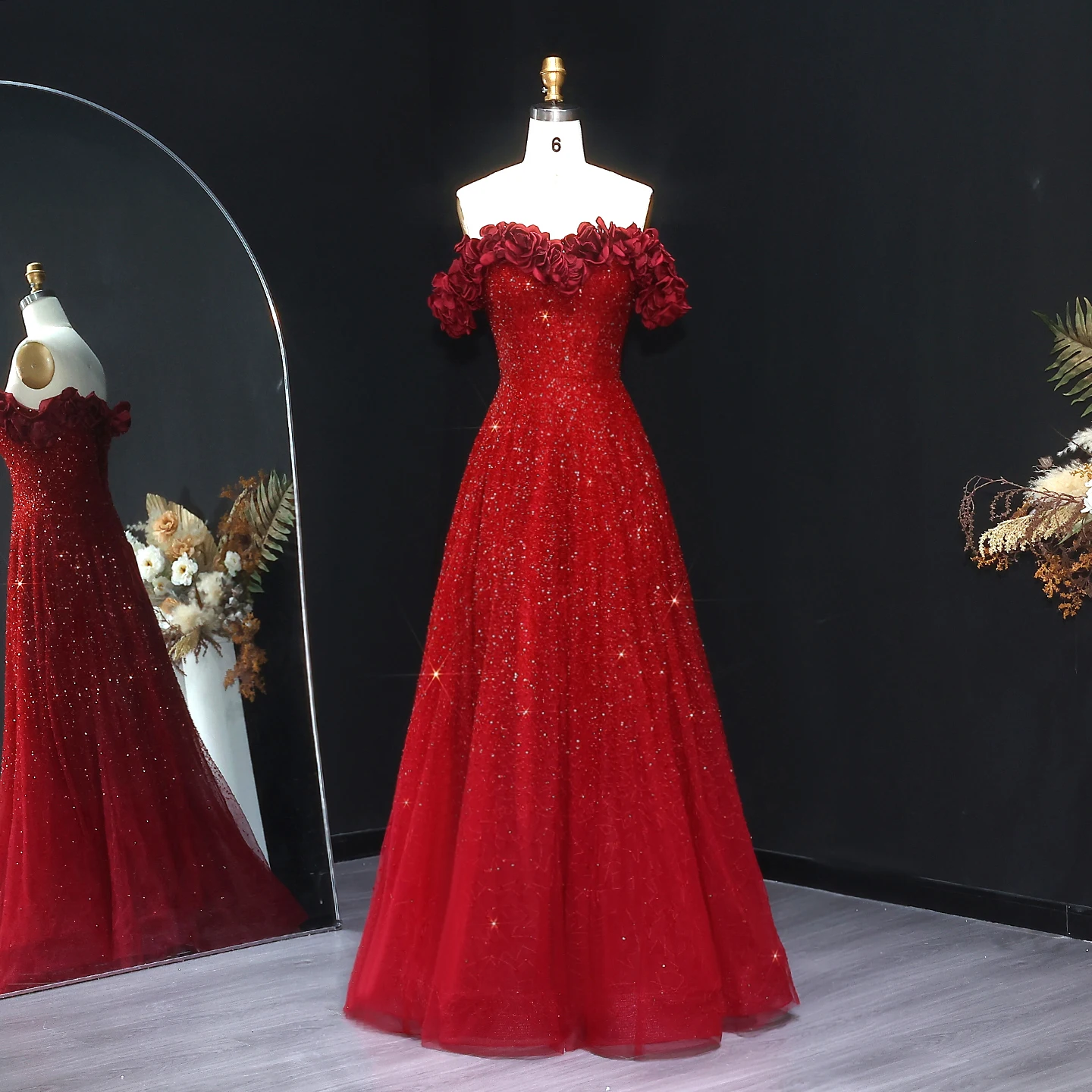 

Sharon Said Elegant Wine Red Off Shoulder Evening Dress With 3D Flowers Burgundy Women Wedding Party Gowns SS491 Customized