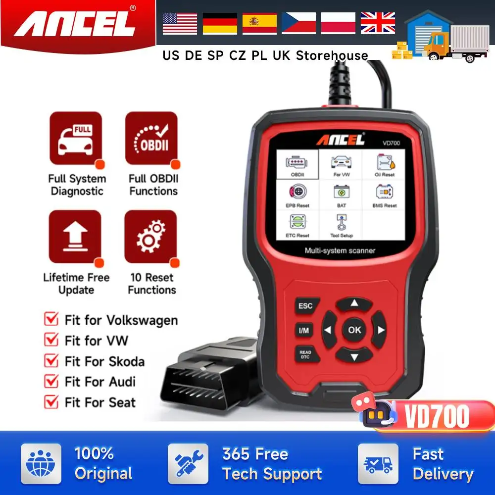 

Professional OBD2 Scanner for VW for Audi for Seat for Skoda Oil EPB SAS TPMS Reset Full System Code Reader ANCEL VD700