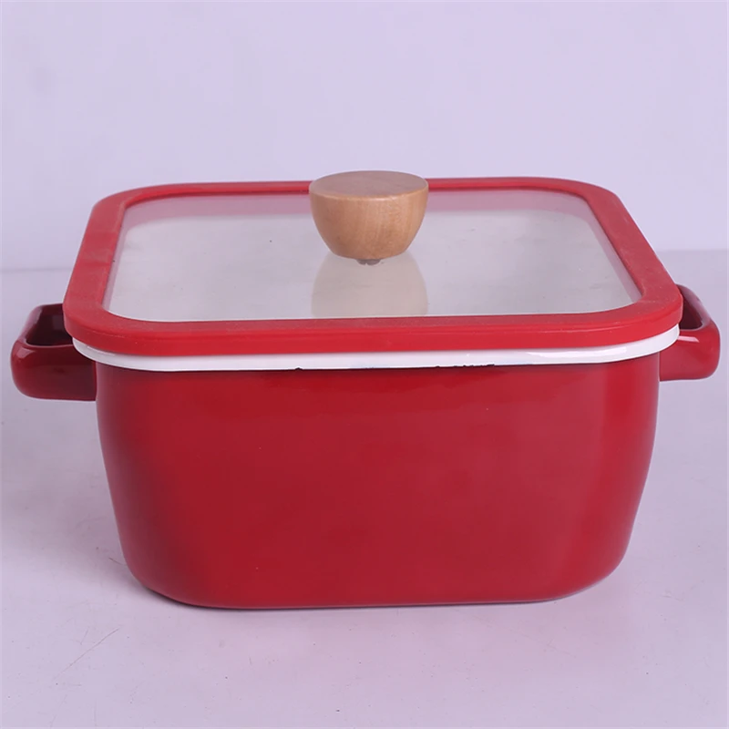 Large Square Stew Pot Enamel Vintage Flower Bird Soup Pot Double Handle Cheese Baked Rice Special Pan Home Kitchen Cookware