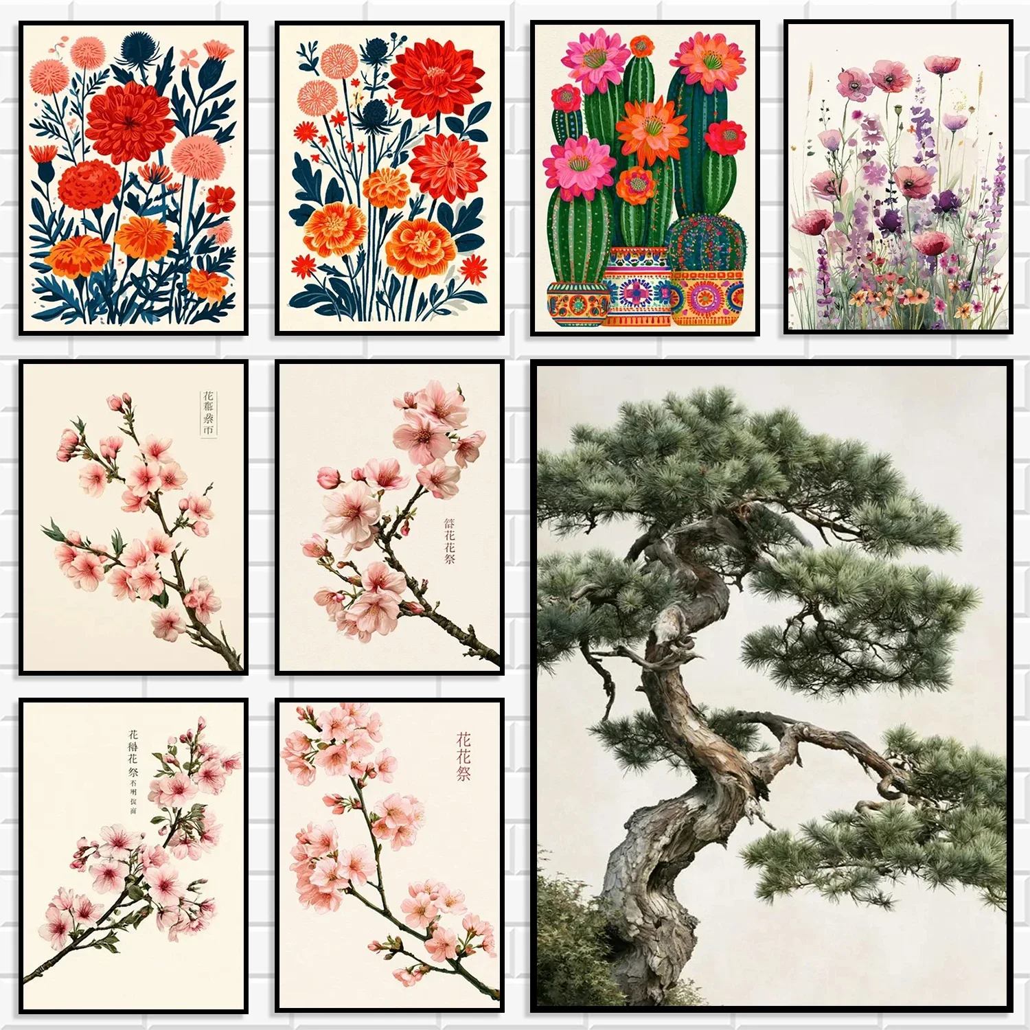 Vintage Asian Botanical Canvas Wall Art Sakura Cherry Blossom Bonsai Pine Tree & Mexican Floral Cactus Posters Prints Home De