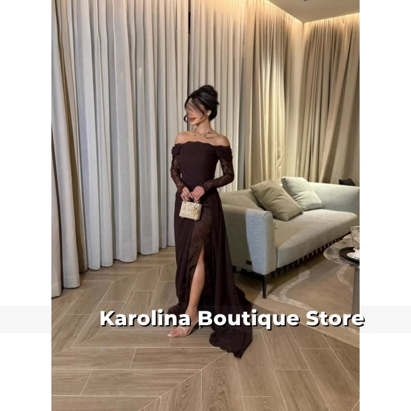 

Coffee Big Swing Lace Evening Dress Elegant Off Shoulder Kaftan Prom Gown Abaya Sexy Side Slit Popular Formal Party Wear