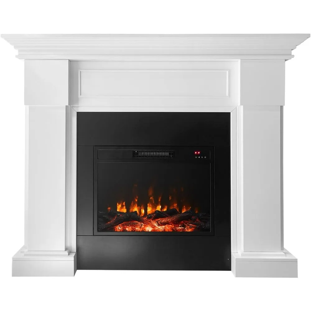 54.8-Inch White Electric Fireplace with Mantel, Stylish Heater for Your Living Room or Bedroom, includes Remote Control and LED