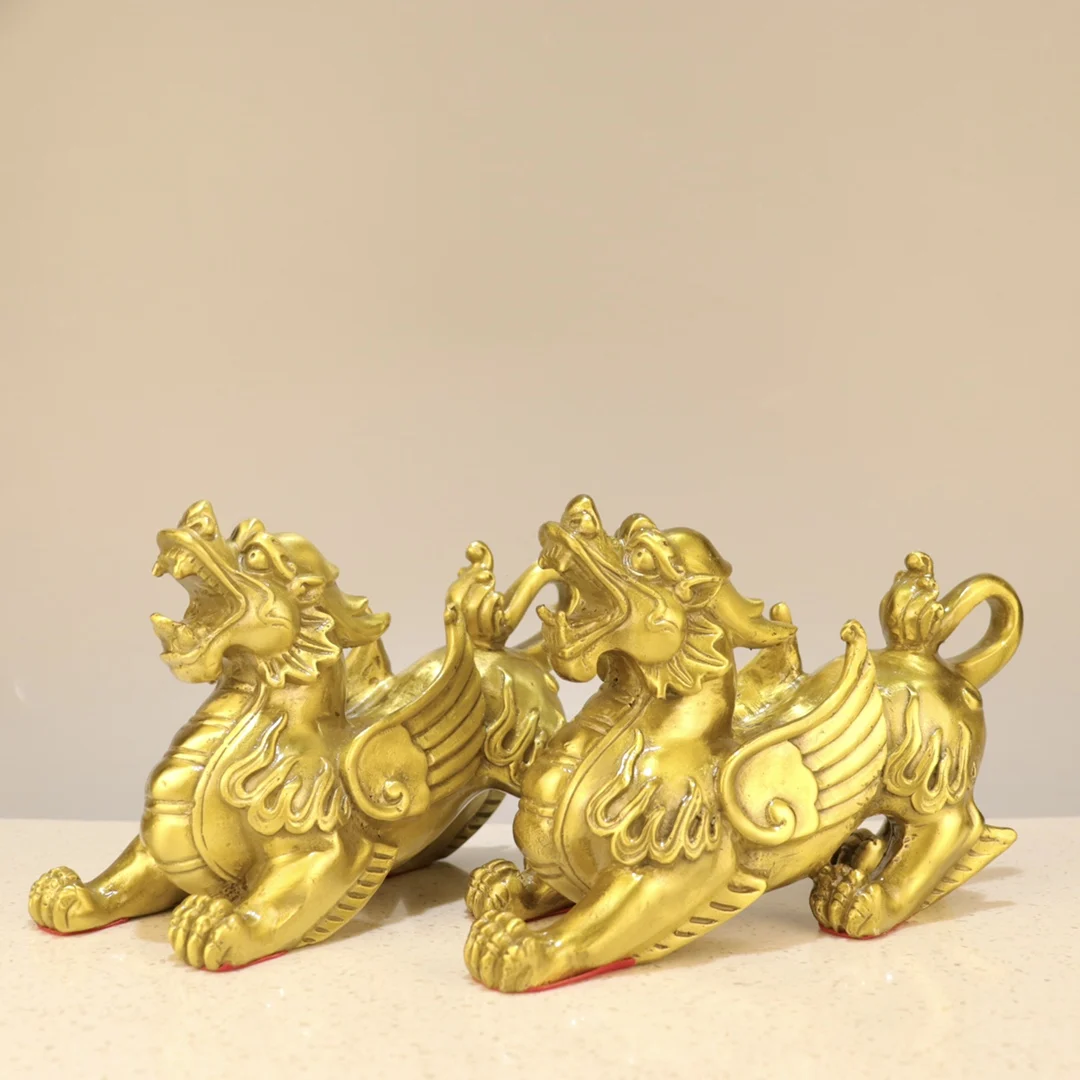 

8"Tibetan Temple Collection Old Brass Flying Pixiu Statue Brave Troops A Pair Gather wealth Office Ornaments Town house Exorcis