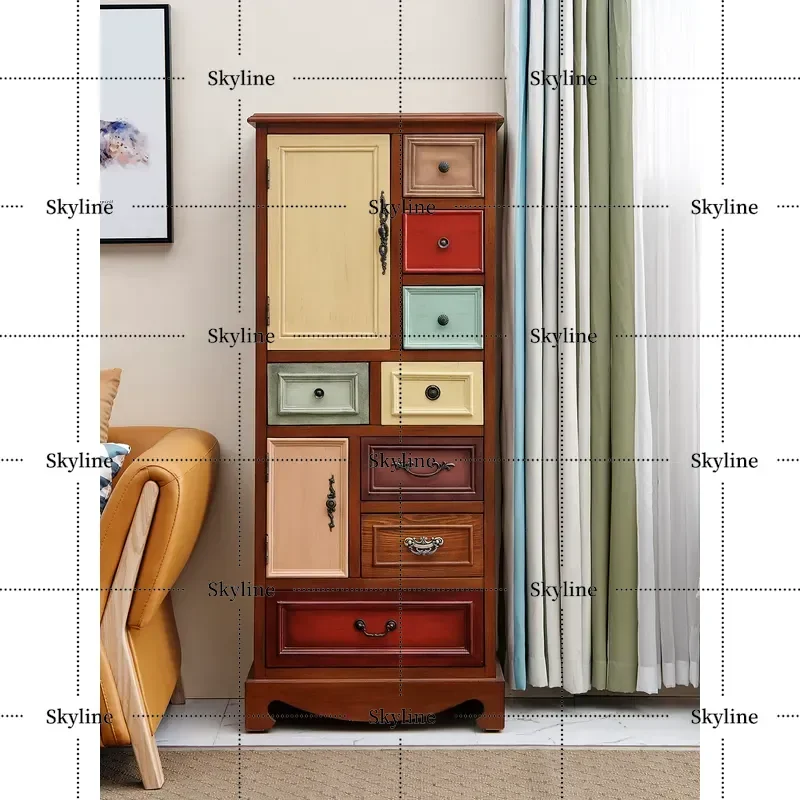 Retro Mediterranean Drawer Storage Cabinet, American Country Solid Wood Sideboard for Living Room