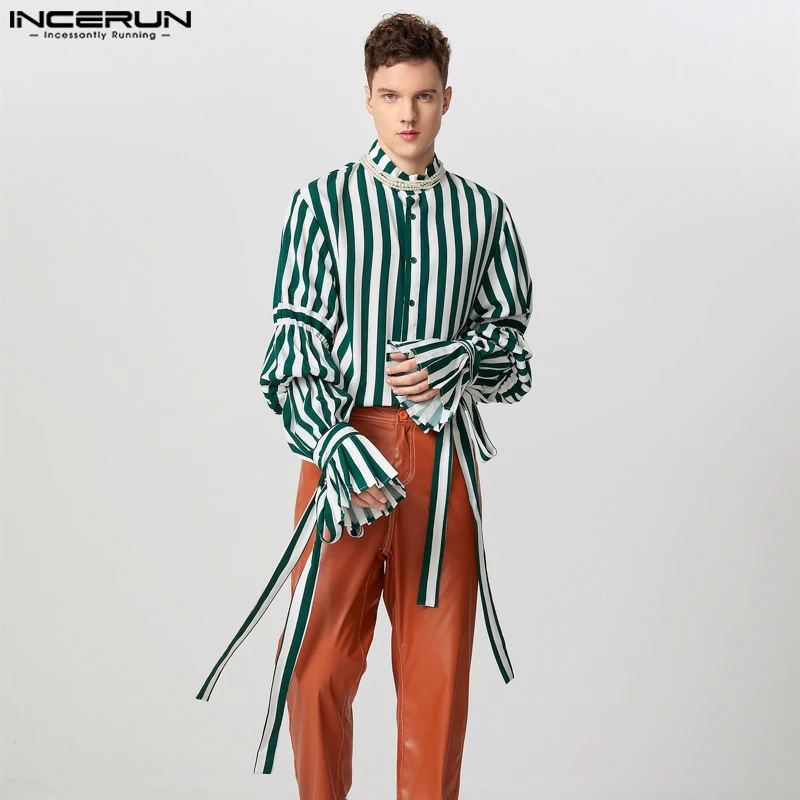 INCERUN Open Up Blusas allentati Camicie a maniche lunghe da uomo Strisce casual Splicing Elegante Chemise Streamer Design Colletto alla coreana Camicette