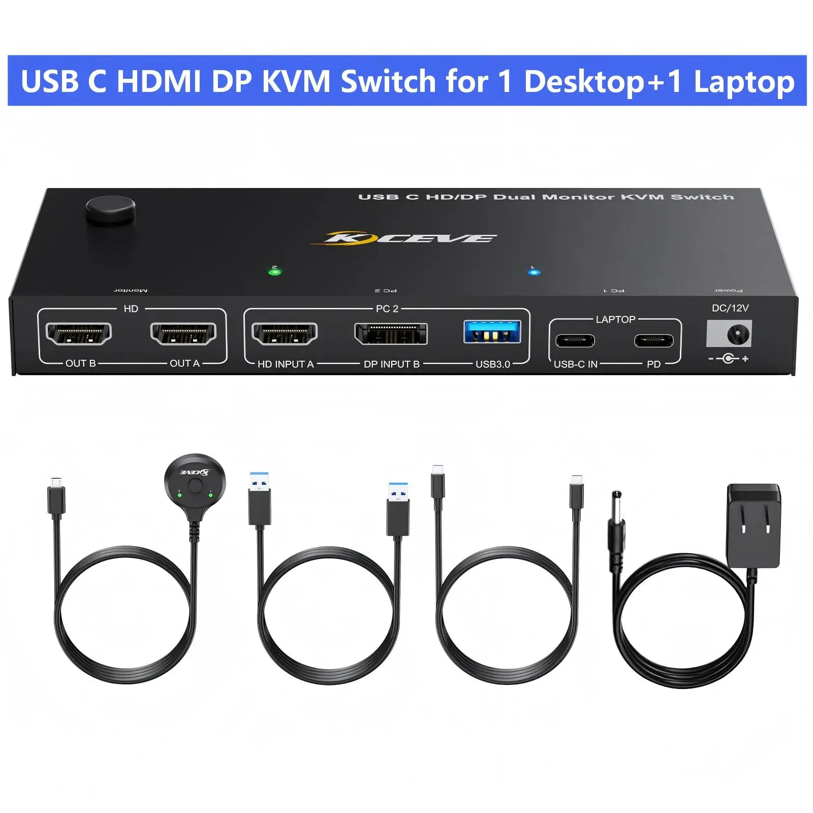 KVM Switch 2 Monitors 1 Desktop1 Laptop 4K@60Hz,7-in-1 Dual Monitor KVM Switch Dock Station, Expand 2 Displays,4xUSB 3.0,PD 80W