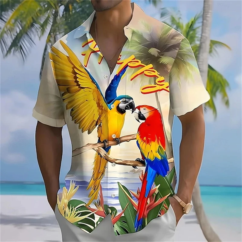 

Men's Colorful Parrot Hawaiian Shirt Tropical Jungle 3D Print Casual Short Sleeve Button Down Summer Beachwear For Vacation Tops