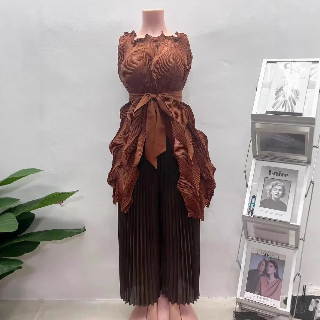 

MIYAKE плиссированный женский летний модный повседневный комплект большого размера, нерегулярный топ без рукавов, свободный комплект из двух предметов
