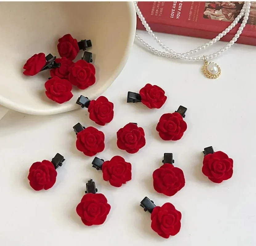 Korean Red Velvet Rose Hair Clips for Women Small Flower Hairpins Girls Elegant Hair Clip Pin Barrettes Wedding Hair Accessories