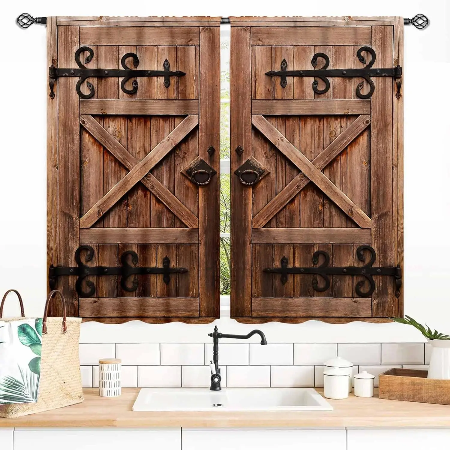 Wooden Barn Door Curtains, Rustic Brown Wood Board Farmhouse Country Cottage Western Barnwood Garage Gate Drapes Window 2 Panels