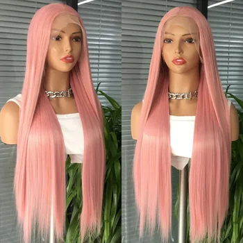 Perruque Lace Front Wig synthétique rose, perruque longue et lisse pour femmes et filles, fête, cosplay, vacances, Concert, usage quotidien, confortable