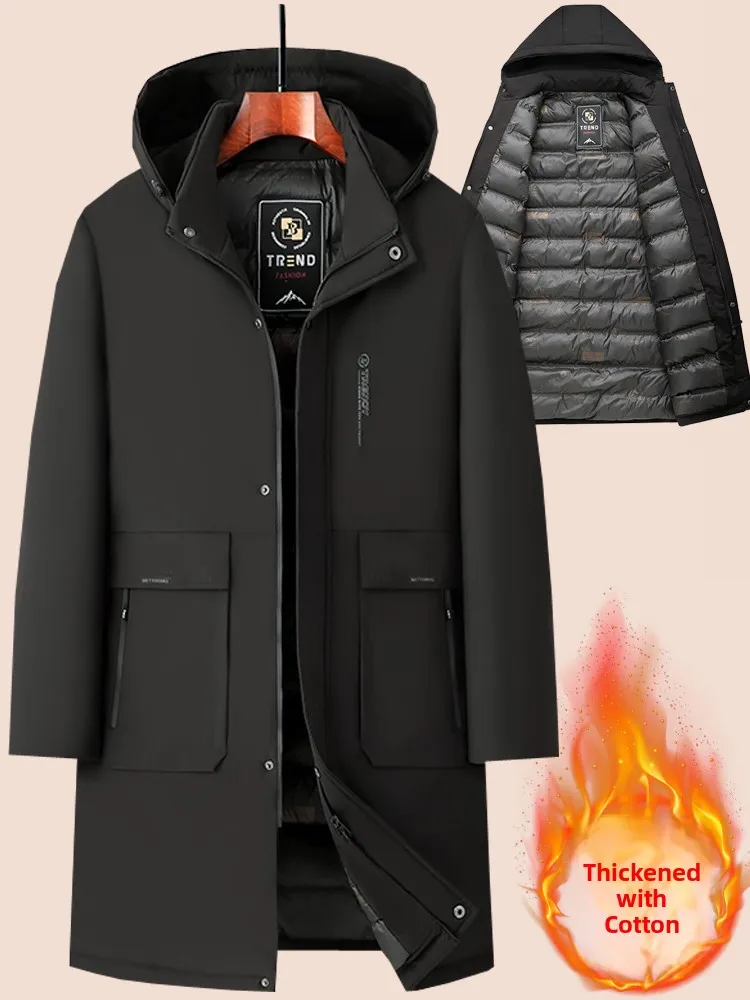 

Мужское зимнее длинное пальто Thiened с хлопковой подкладкой, ветрозащитное теплое пальто длиной до колена, повседневное пальто средней длины с капюшоном