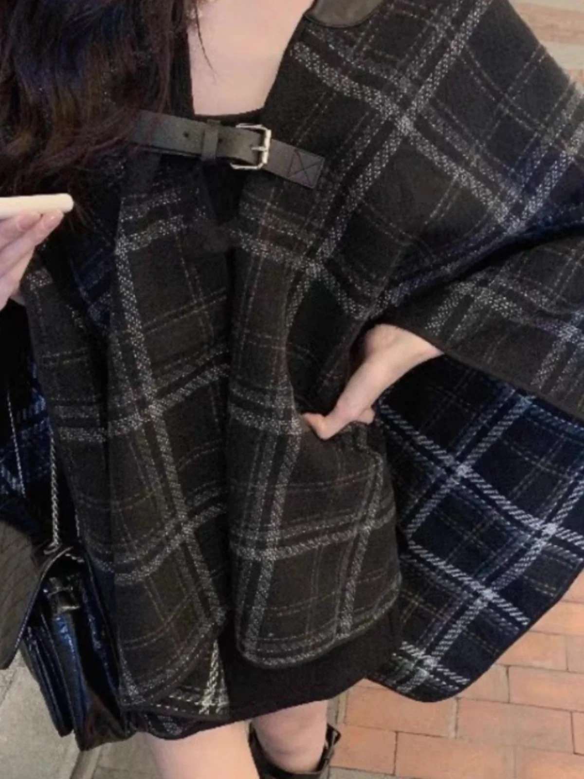 Bla Plaid Wollen Jas Dames 2024 Lente Herfst Nieuwe Kleine Maat Midi Lengte Faionable Priem Cowl Ne Jas Dames