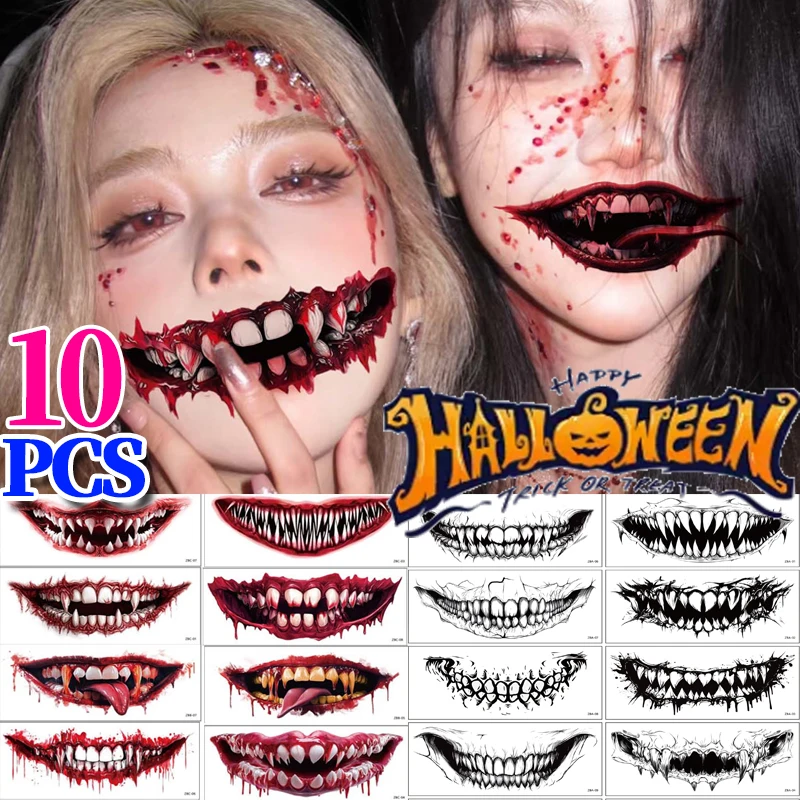Halloween Horror Fake Tattoo Big Mouth Face Sticker Waterproof Temporary Tattoos for Women Men Party Festival Cosplay Decoration