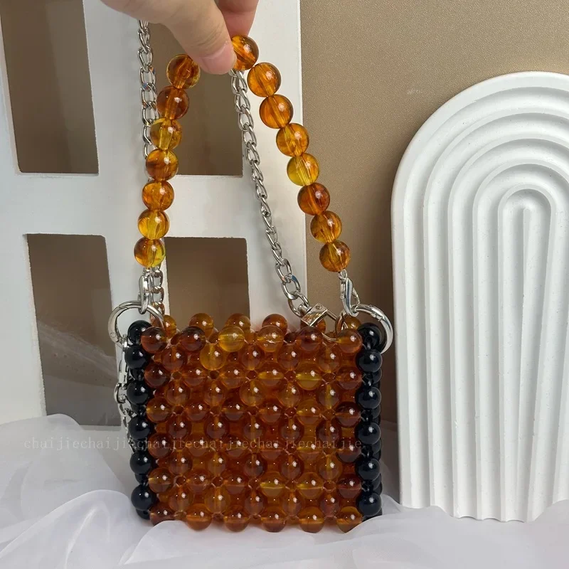 

Acrylic Color Block Fashion Simple Chain Crossbody Bags Handwoven Amber Vintage Beaded Handbag Mini Lipstick Wallet Women's Bag