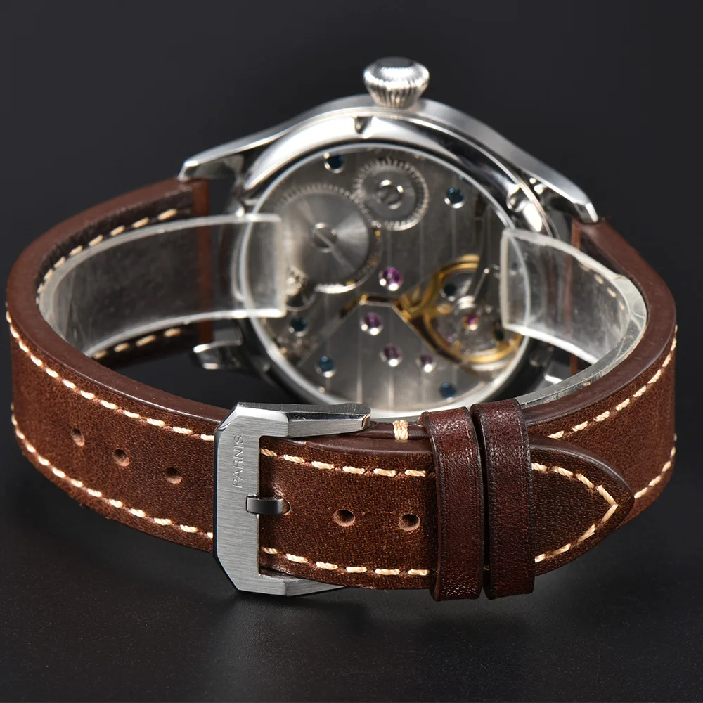 Parnis 44mm Hand Winding Mens Classic Dragon Drawing Dial Wrist Watch