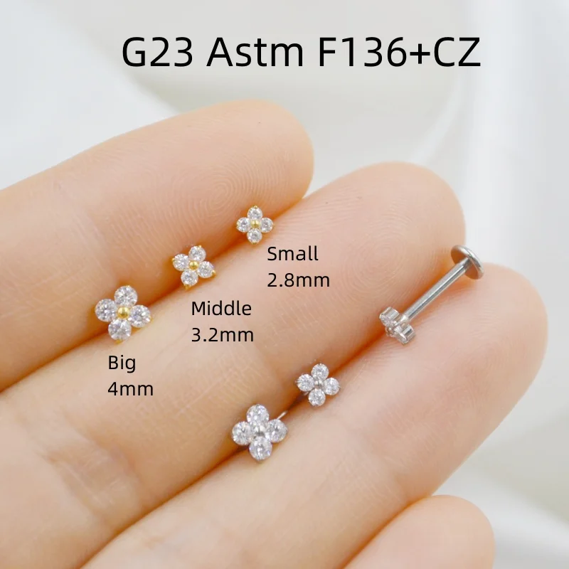 10pcs Body Jewelry 16Gx8mm G23 Titanium Flower CZ Lip Labret Bar Ear Helix Tragus Rook Barbells Stud Piercing Jewelry New