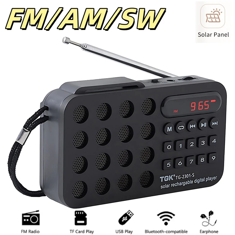 

Rechargeable Portable FM Radio Mini Solar Bluetooth Wireless Speaker Support USB TF Card MP3 Music Player with FM Radio Receiver