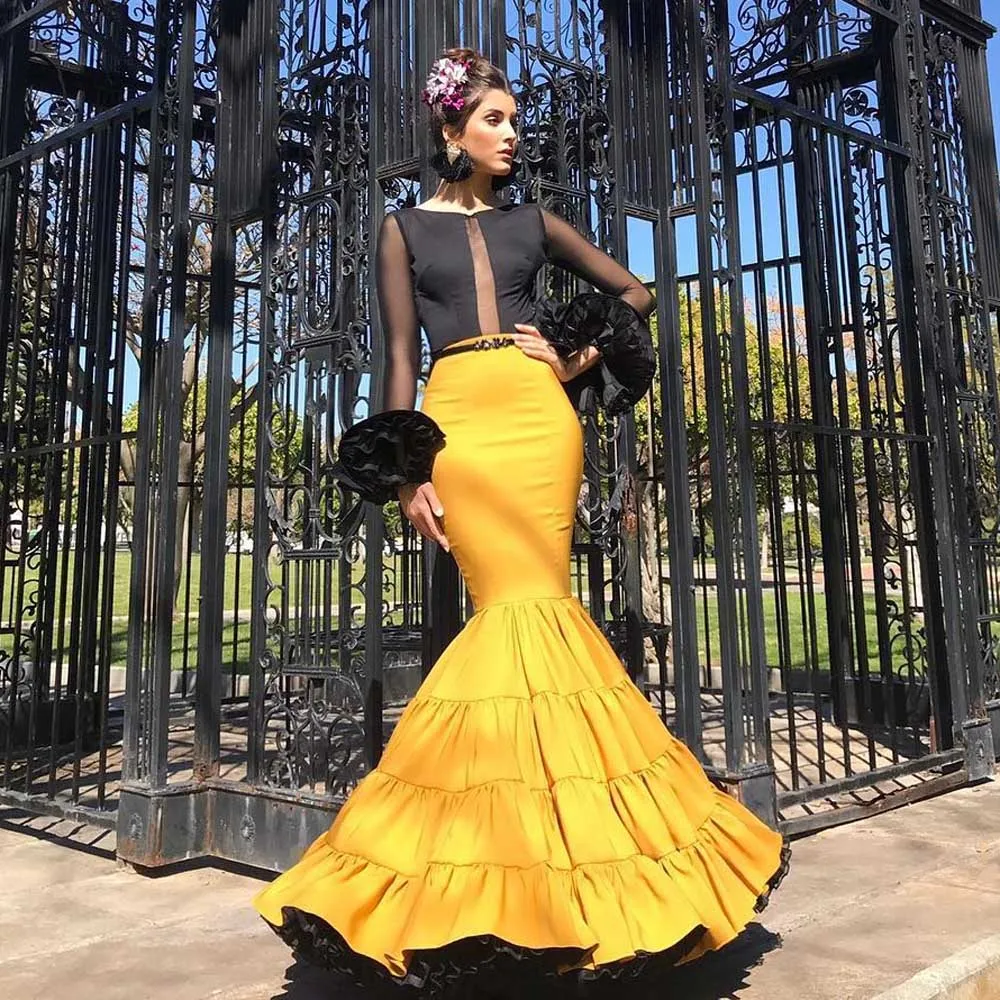 

Spanish Gold Yellow Mermaid Skirt Women High Waist Elegance Wedding Party Skirts Long Ruffles Puffy Skirt with Black Liner