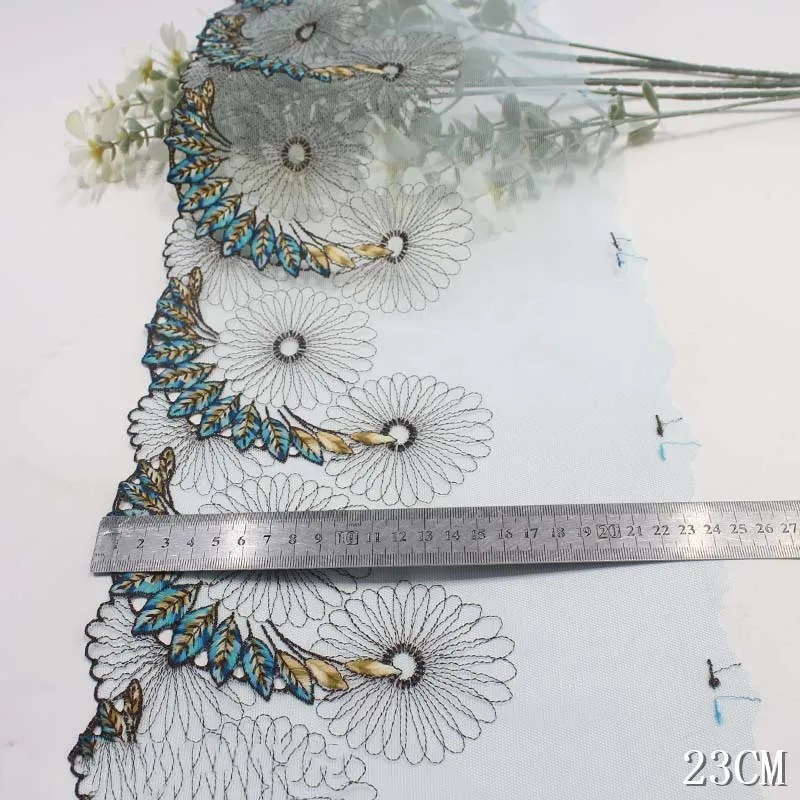 

1 лот/31 ярд, желто-синяя вышитая кружевная тесьма для шитья, аксессуары для бюстгальтеров, свадебных платьев, нижнего белья, декор, ширина 23 см