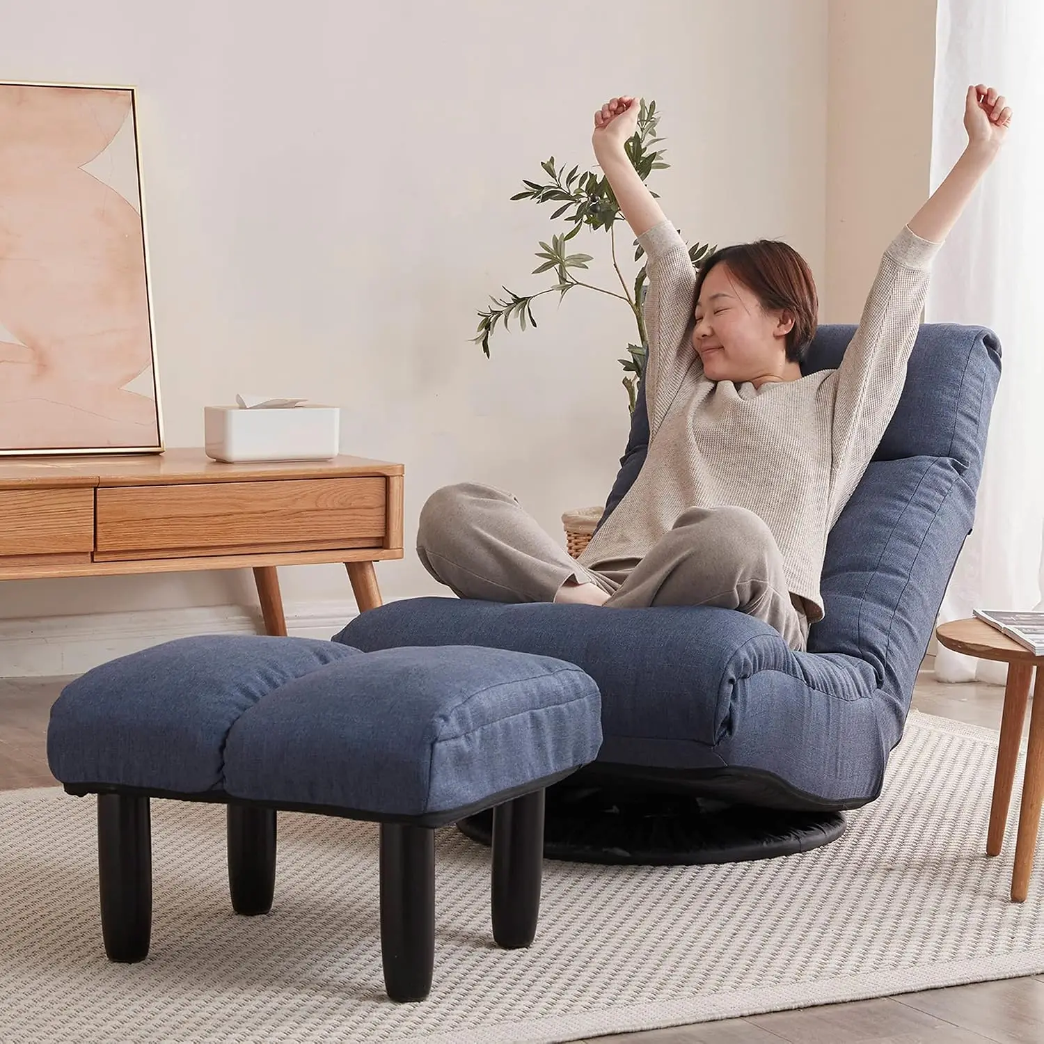 Japanese Style Chaise Lounge Floor Gaming Chair Adjustable Backrest for Reading Meditation, Navy Blue+Ottoman, Customized