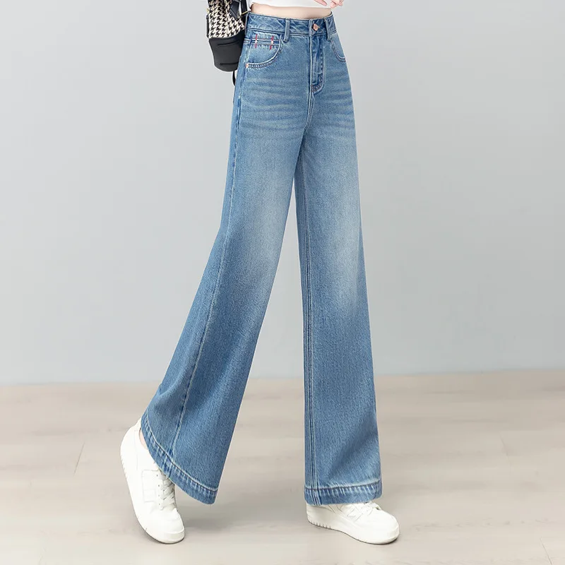 الخريف ضوء اللون الدنيم السراويل المستقيمة النساء عالية الخصر فضفاضة التخسيس بسيطة التنقل عادية واسعة الساق السراويل الطويلة