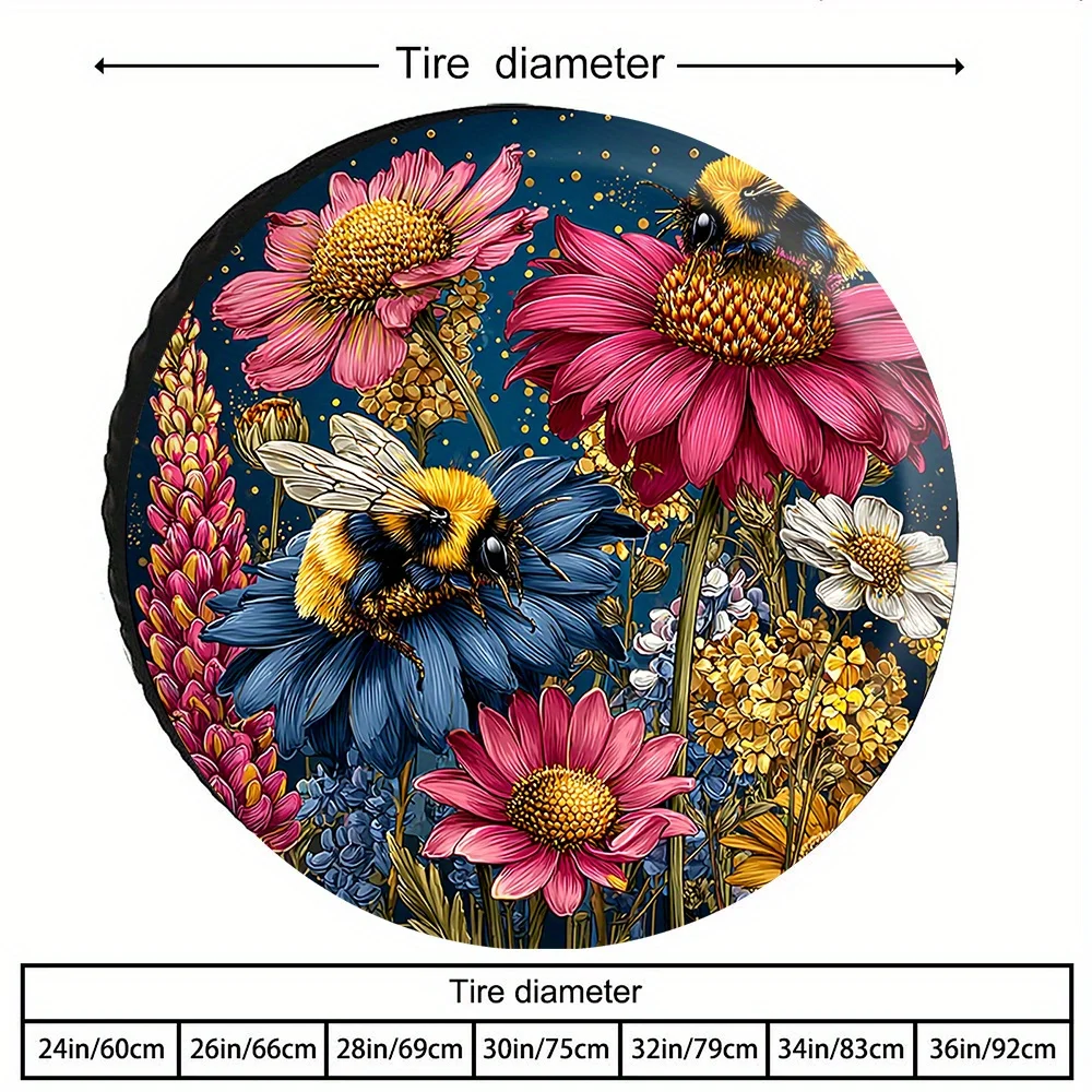 Vibrant Floral & Bees Tire Cover Protector - Realistic Nature Design Fit For SUVs, Minivans, Trucks - Durable Fabric Wheel Prote
