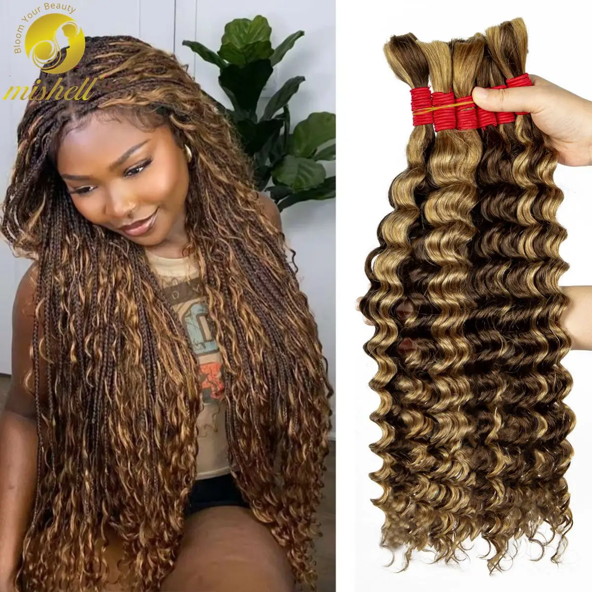 

P4/27 Highlight Bulk Human Hair No Weft 1 пучок 50 г глубоких волн человеческих волос для плетения вьющихся наращенных волос для косичек в стиле бохо