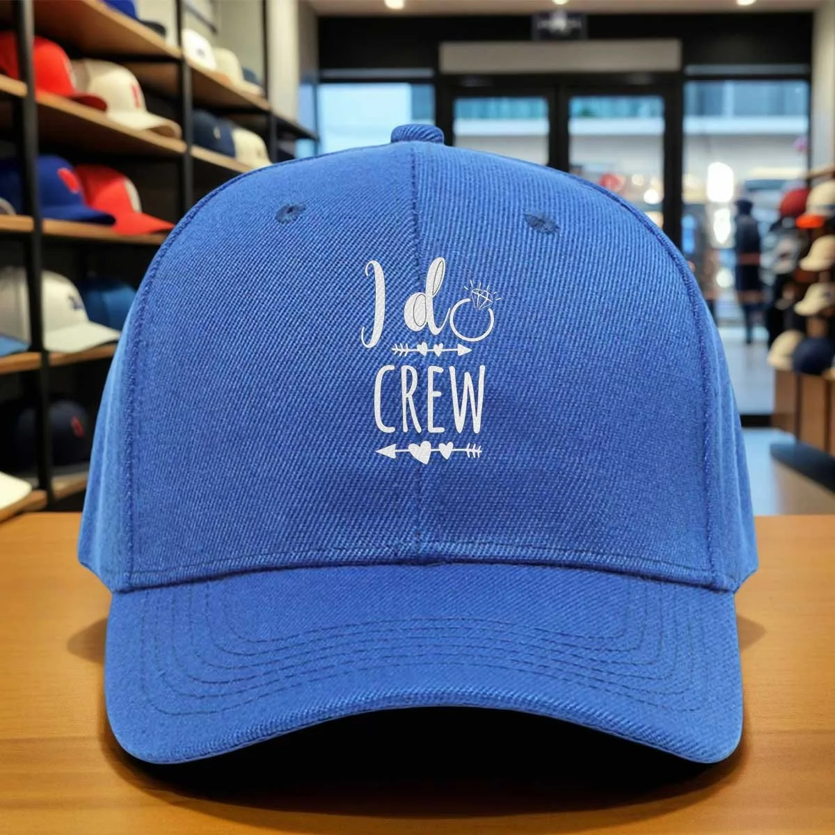 Elegant I Do Crew Wedding Baseball Cap, Bridesmaid Bachelorette Adjustable Dad Hat with Diamond Ring Heart Arrow Design