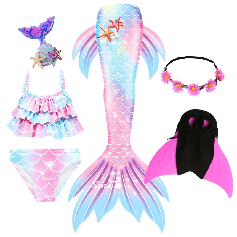 XinTX Mermaid Tails Girl Swimsuit Swimming Surprise Birthday Gift Princess Dress Hairpin 6PCS Set Cosplay