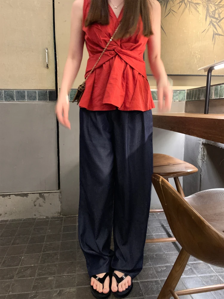 

ne High Waist Cloud Denim Jeans Summer Thin Loose Casual Soft Long Pants Lazy Sle Blue Color Women's Premium Faion