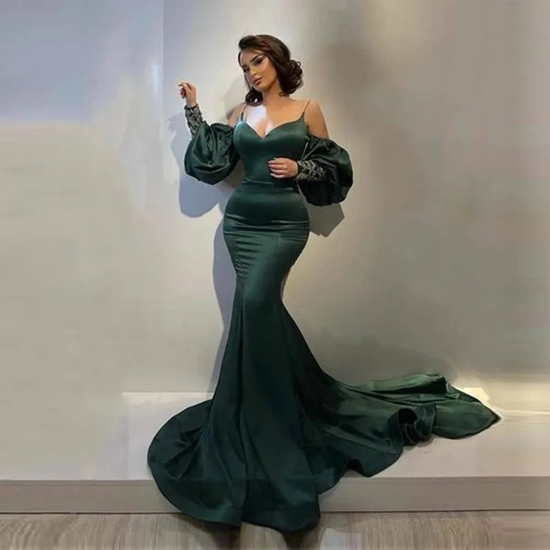 

Hunter Green 2023 Evening Dresses Mermaid Beads Sleeves Off The Shoulder Saudi Arabic Women Formal Prom Gowns Wedding Guest