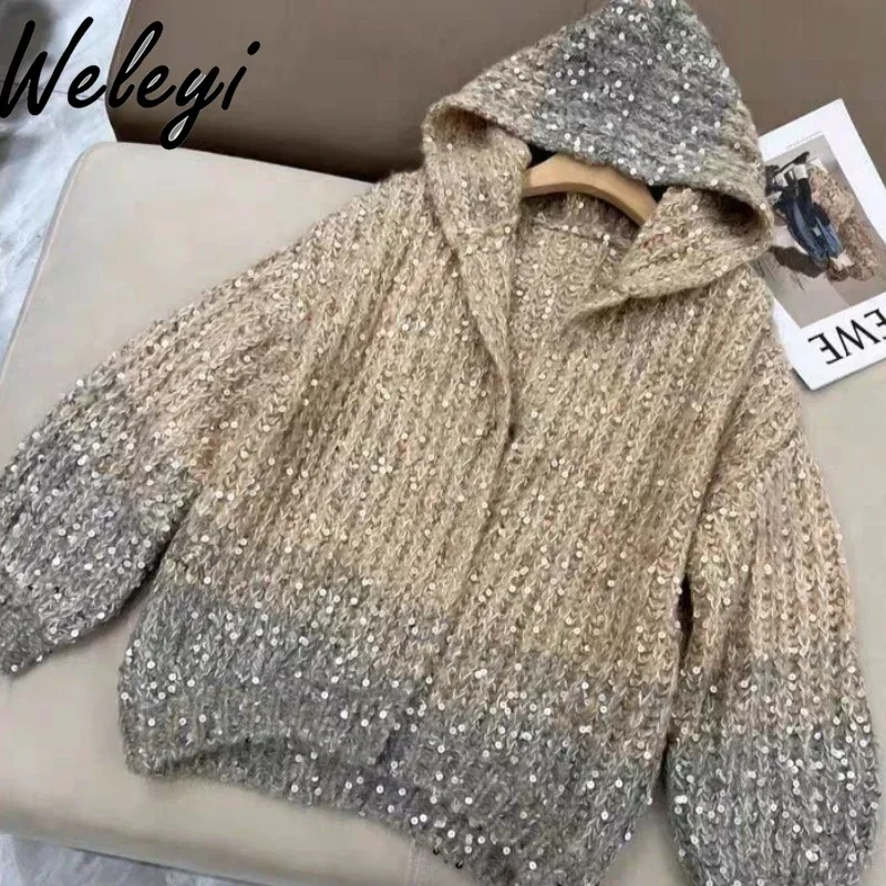 Women's Sequins Gradually Color Hooded Sweater Student 2024 Autumn New Temperament Thick Long Sleeve Knitted Cardigan Female