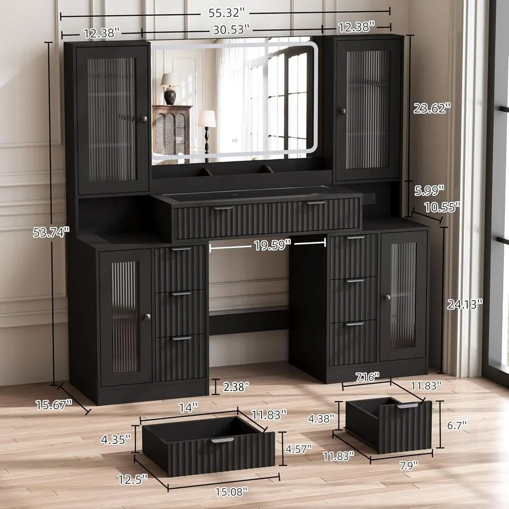 55 LED-lit Vanity Desk with 3-Color Mirror, 8 Drawers & 4 Cabinets, Tempered Glass, Charging Station - Matte Black image 2