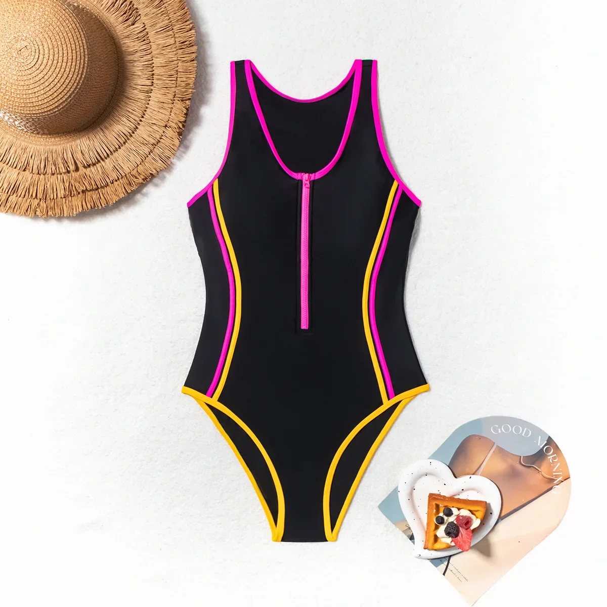 女性のファッションソリッドカラーコントラストジッパーベストワンピーススポーツレーシングアウトドアビーチ水着
