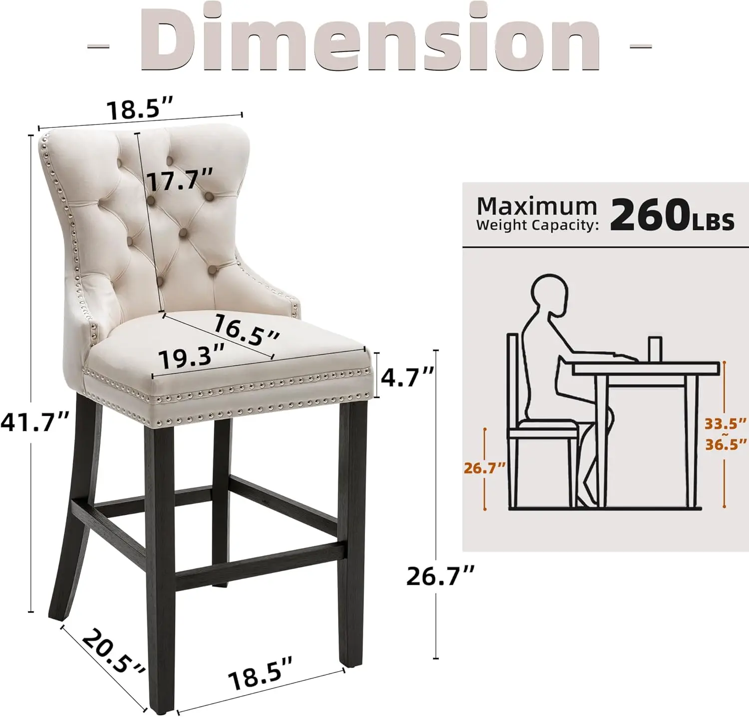 Bar Stools Set of 6 Velvet 26 Inch Seat Height Counter Height Barstools Button Tufted Backrest Rivet Trim Bar Chairs for Kitchen