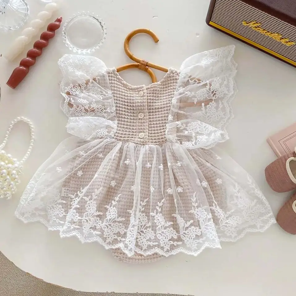 Newborn Clothing Bodysuit Infant Plaid Romper Dress Baby Girls Flying Sleeve Summer Lace Jumpsuit Sweet Toddler Clothes 3-24M