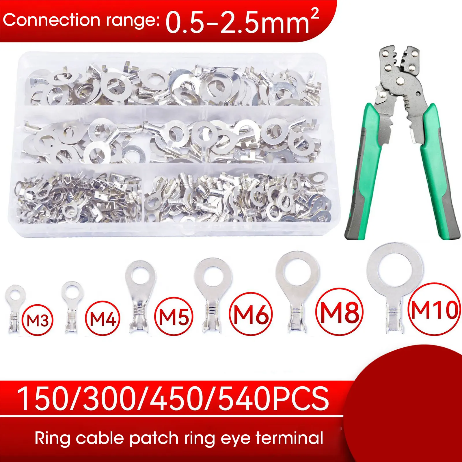 

540PCS M3/M4/M5/M6/M8/M10 Ring Lugs Ring Eyes Copper Crimp Terminals Cable Lug Wire Connector Non-insulated Diy Assortment Kit