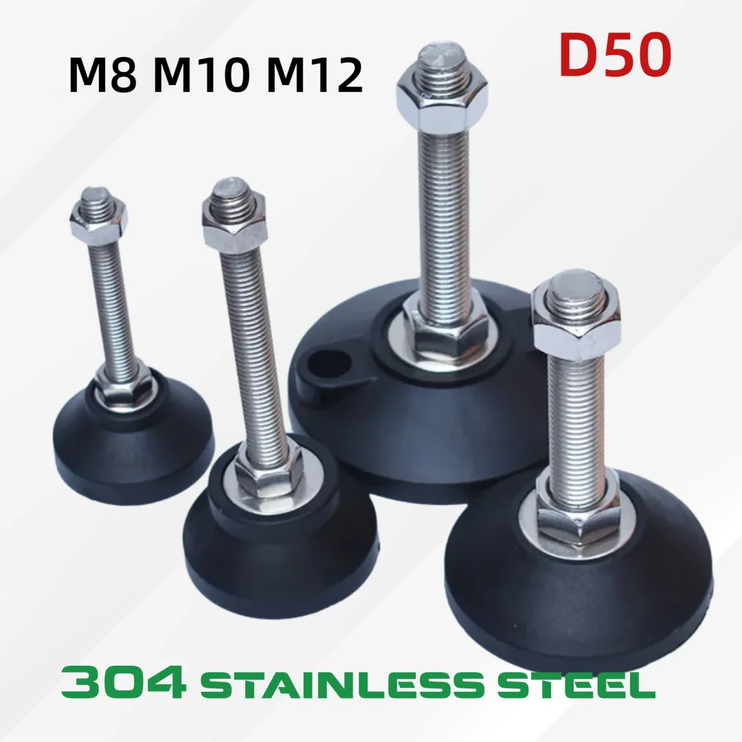 D50 304 Stainless Steel Adjustable Furniture Feet Fixed Nylon Base Anti-Slip/Shockproof Machine Leveling Foot Cup M8/M10/M12