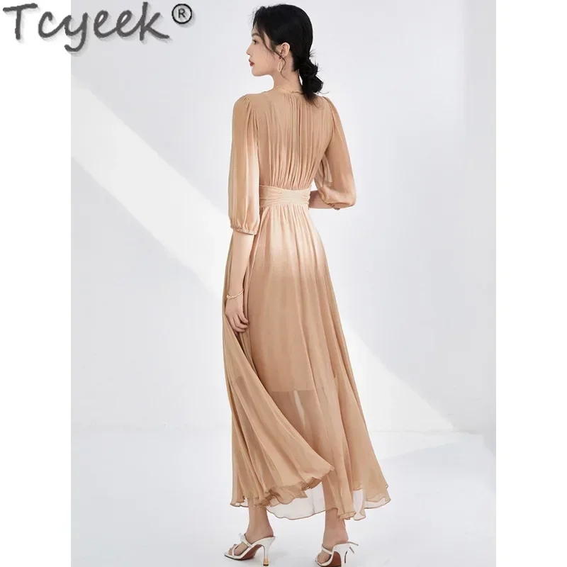 Tcyeek 100% Mulberry Silk Dress Elegant Women's Dresses Long Dresses for Women Clothes Fashion Summer Dress 2024 Vestido Mujer