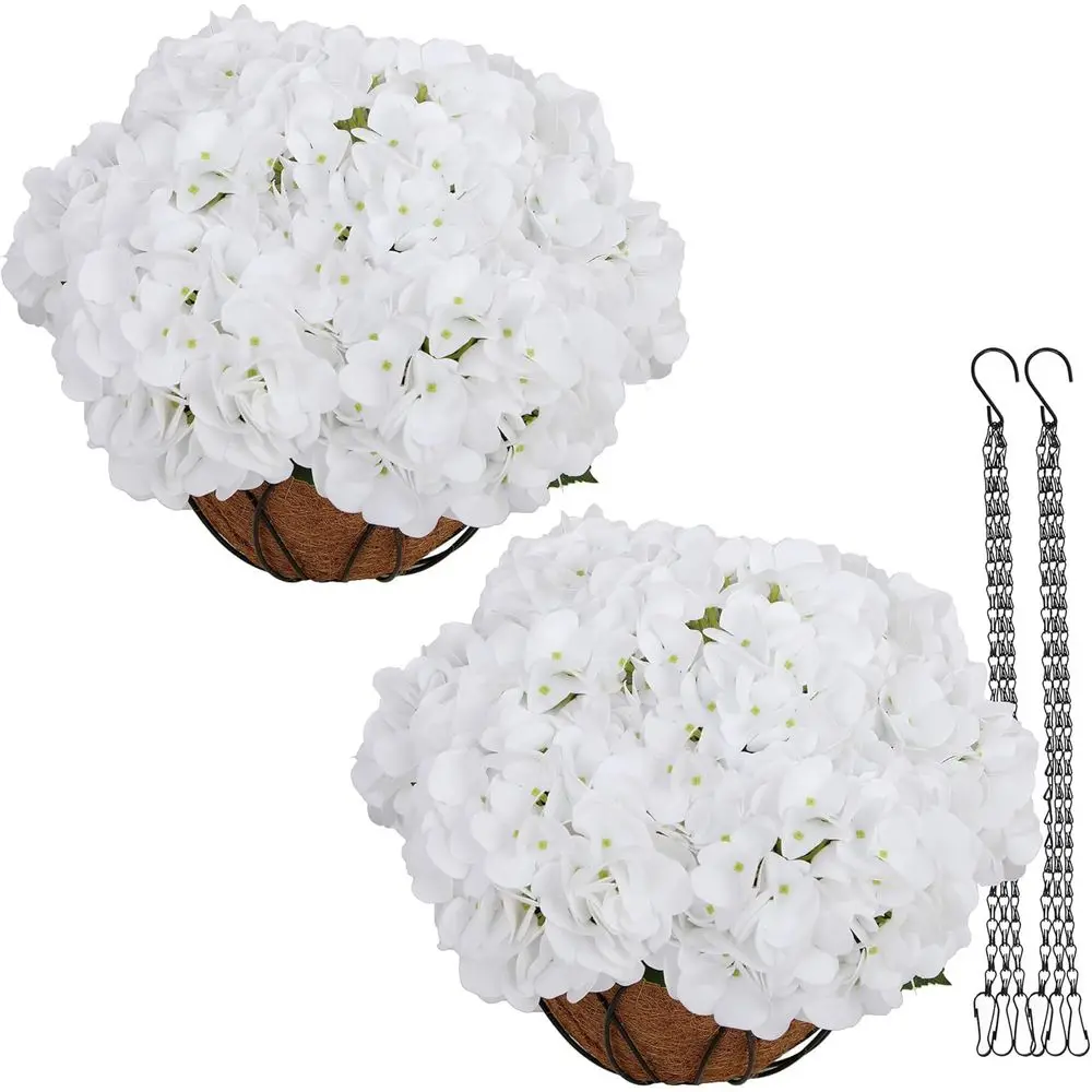 

11 Hanging Basket with Artificial Hydrangea Blooms for Patio and Balcony (White)