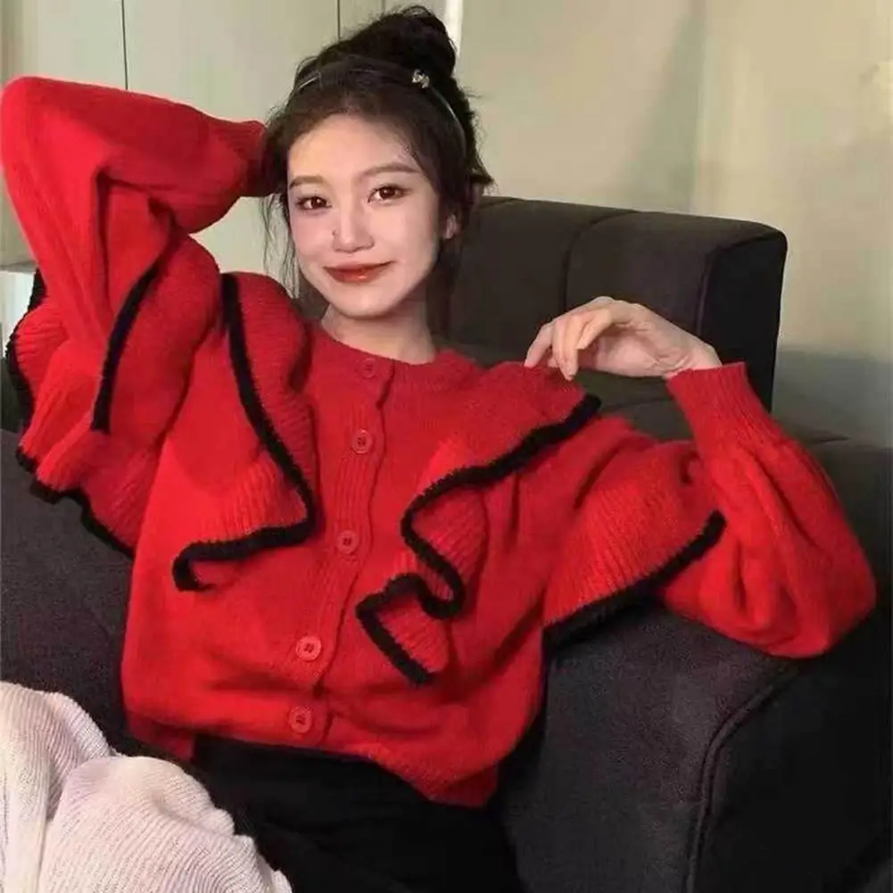 Women Winter Sweater Buttons Ruffle Loose Sweater Vintage Princess Style Single-breasted Knitted Sweater Lady Fall Spring Top