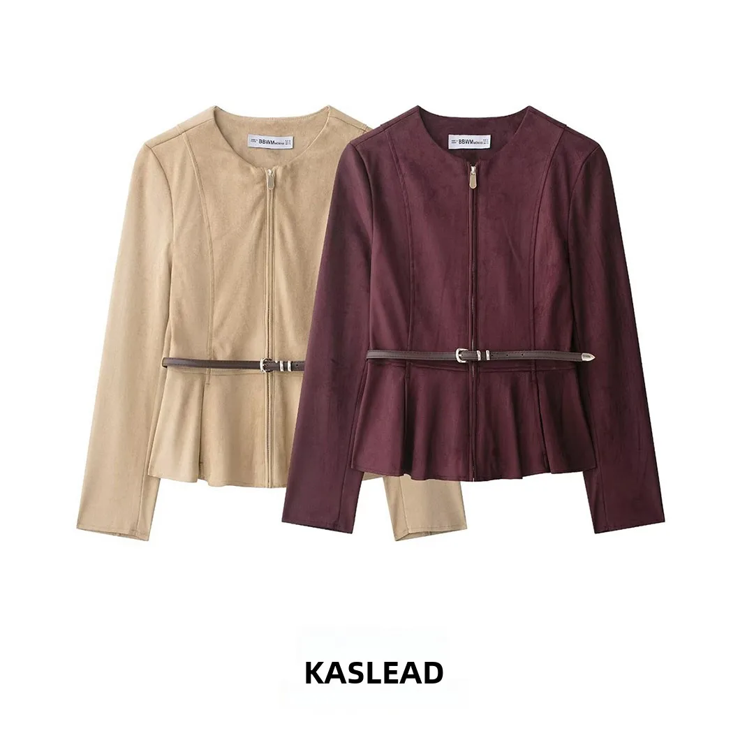 

KASLEAD New Women's Jaet Coat with Belt ort Skirt Sle Hem Reverse Suede Effect Long Sve Zipper Polyester Fiber
