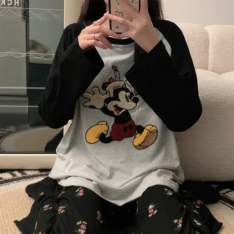 Cartoon Disney pajamas autumn pure cotton long-sleeved new casual two-piece set women\'s pajamas loose Mickey Mouse loungewear