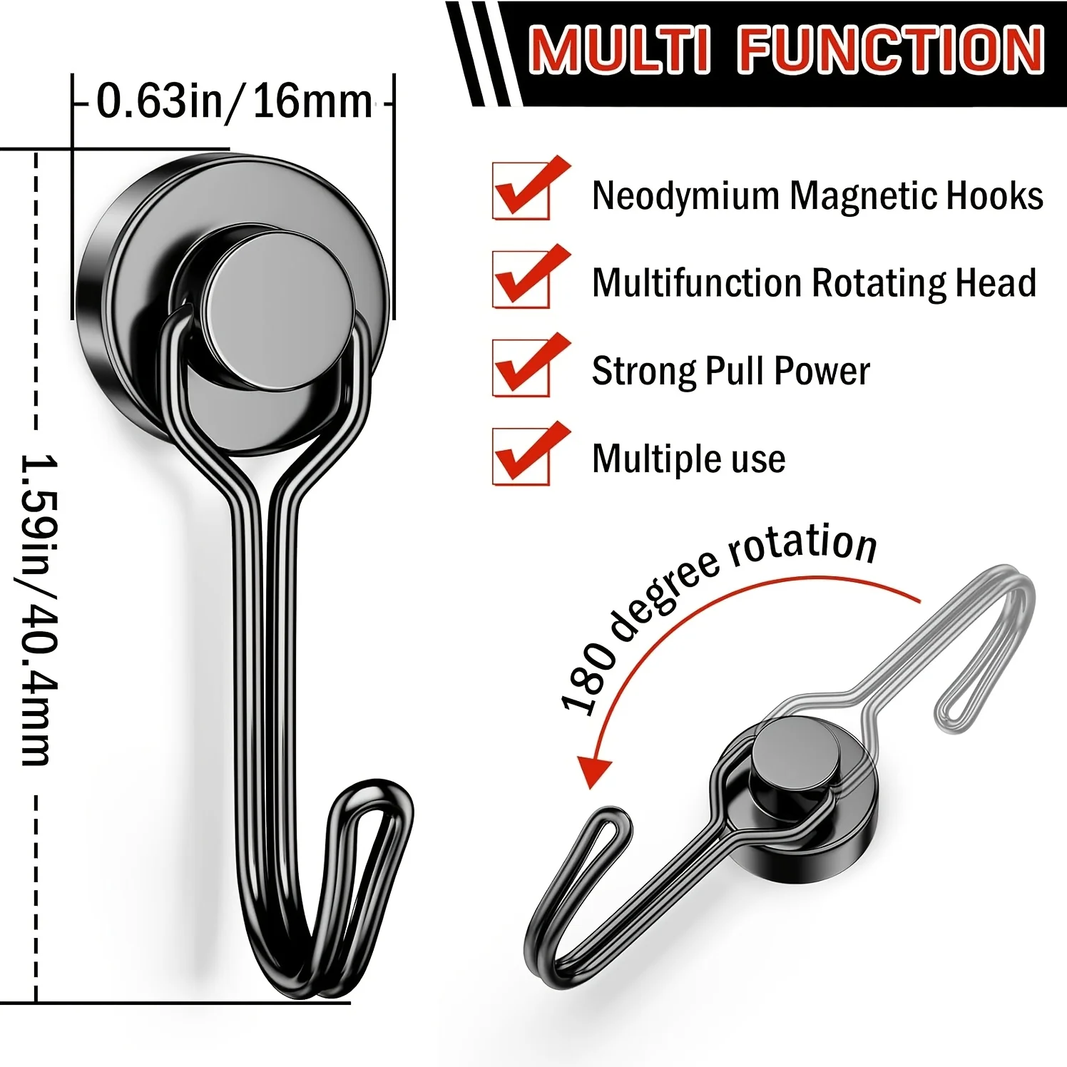 30 LBS Magnetic Hooks Heavy Duty Magnetic Swivel Hooks Cruise Black Strong Neodymium Magnet Hook for Hanging, Magnets with Hook