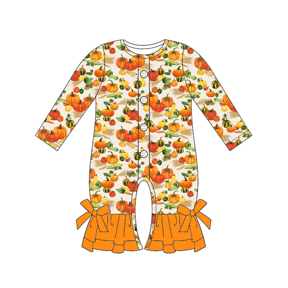 Thanksgiving Day Boutique girls' romper Ruffle Long-style Button Double-layered ruffles Bow decoration pumpkin print wholesale