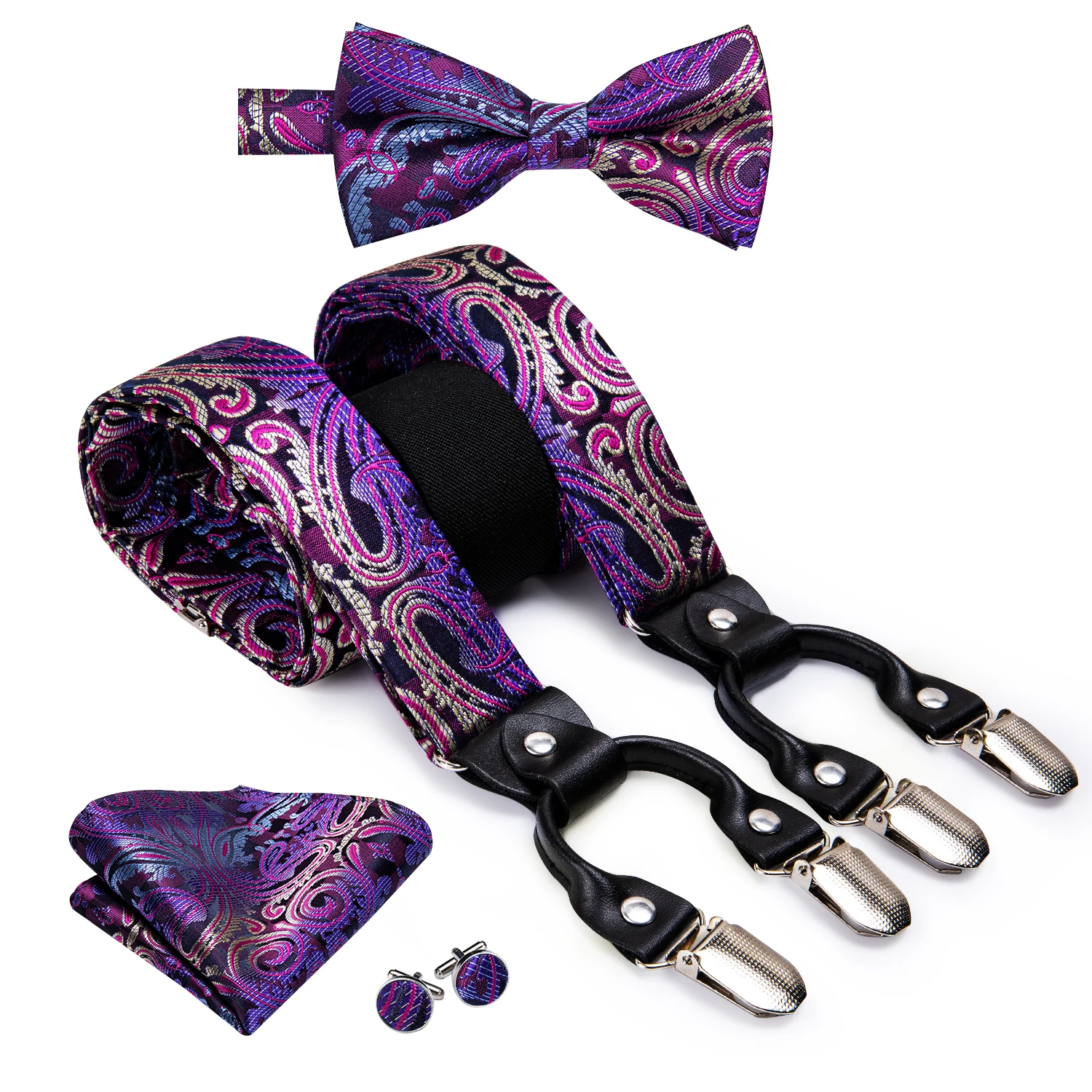 Hi-Tie Jacquard Zijden Heren Bretels Bowtie Zakdoek Set Y Back Clip Op Verstelbare Jarretel Vlinderdas Bruiloft Business Luxe