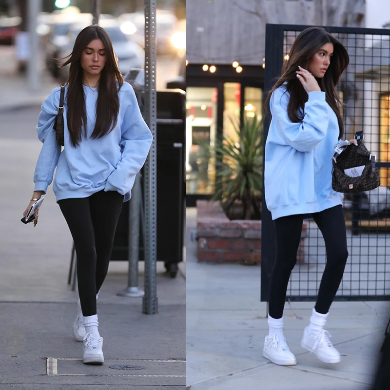 

Madison Beer Casual Lazy Style Slimming Loose Sweatshirt round Neck Overhead Pure Color Spring Women's T-shirt Cotton 100%